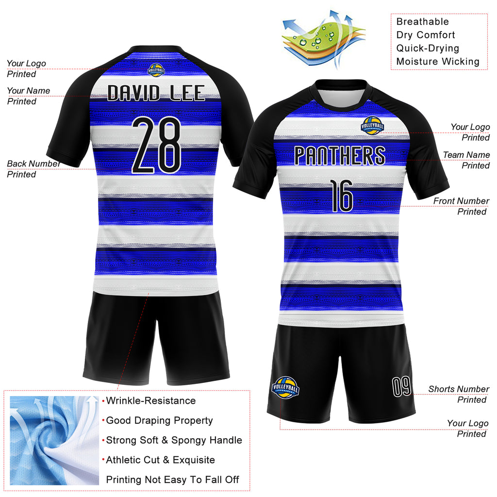 Custom Thunder Blue Black-White Lines Sublimation Volleyball Uniform Jersey