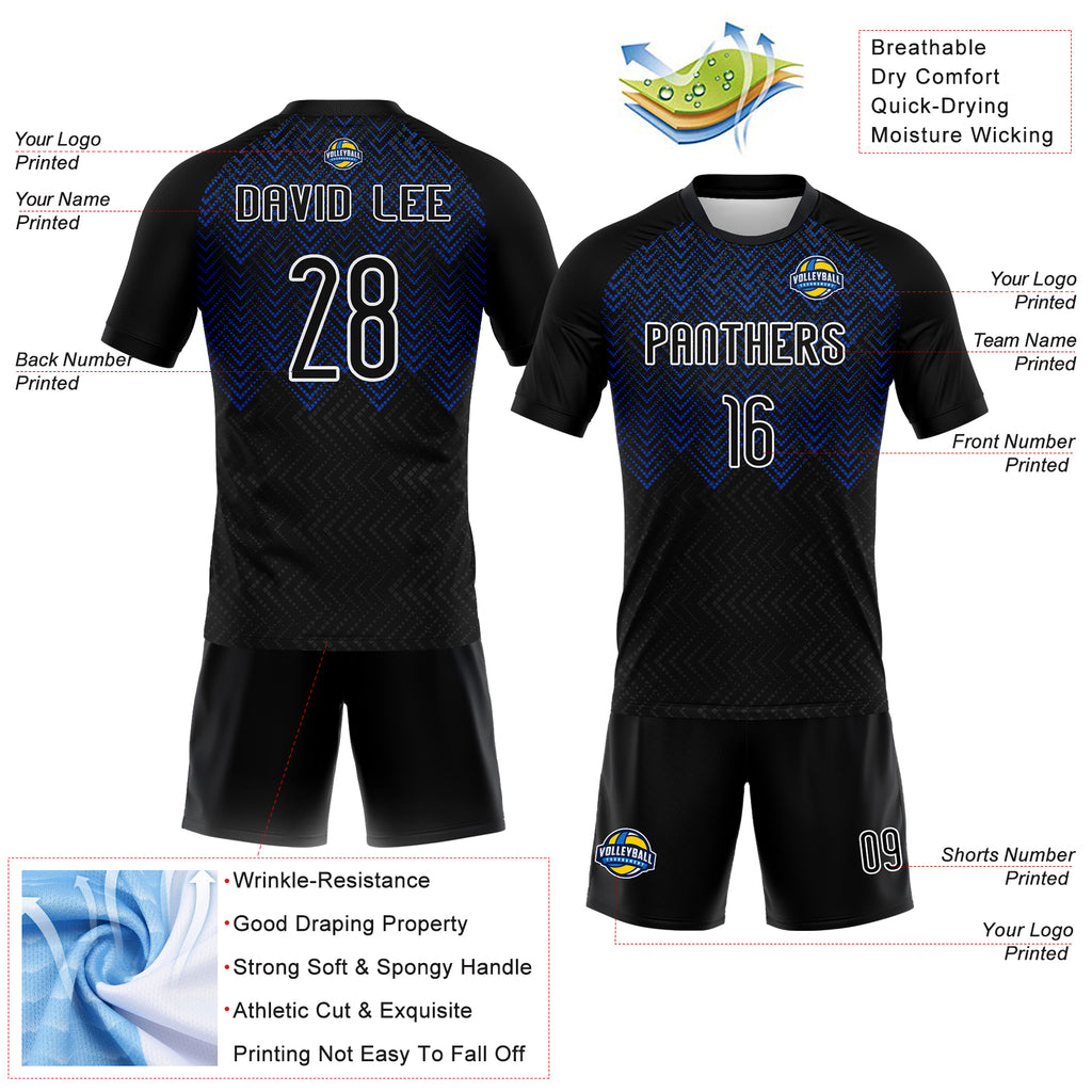 Custom Black Thunder Blue-White Geometric Shape Sublimation Volleyball Uniform Jersey