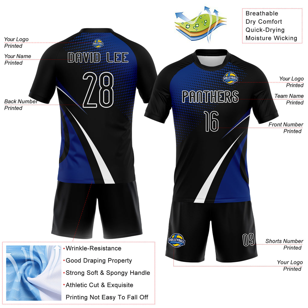 Custom Black Thunder Blue-White Lines And Dots Sublimation Volleyball Uniform Jersey