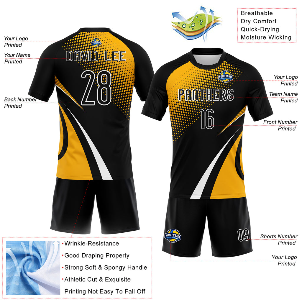 Custom Black Gold-White Lines And Dots Sublimation Volleyball Uniform Jersey