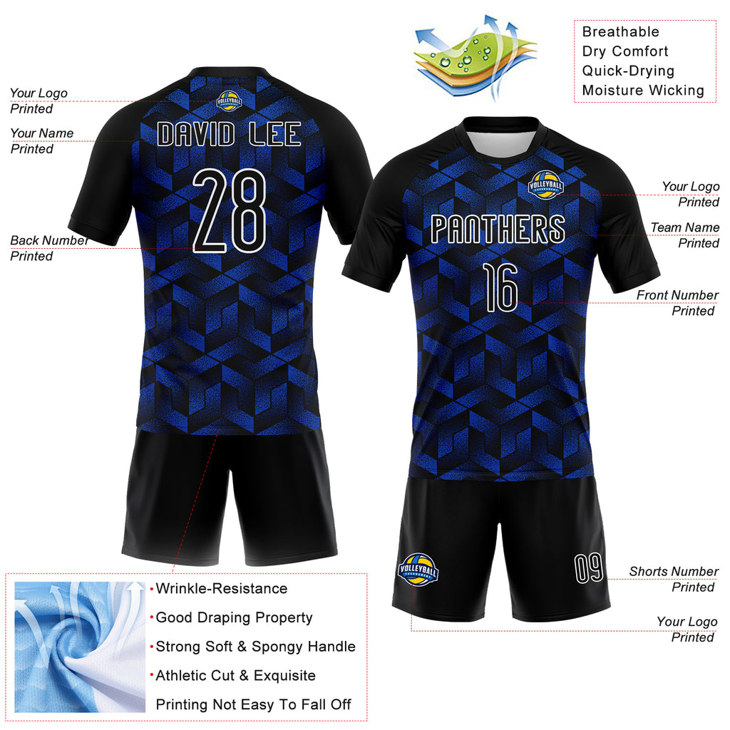 Custom Thunder Blue Black-White Geometric Shape Sublimation Volleyball Uniform Jersey