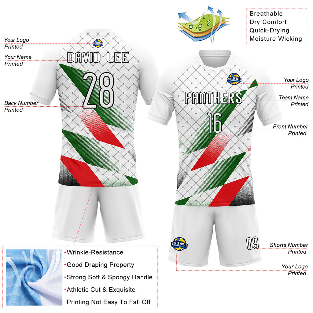 Custom White Black Red-Kelly Green Palestine Geometric Shape Sublimation Volleyball Uniform Jersey