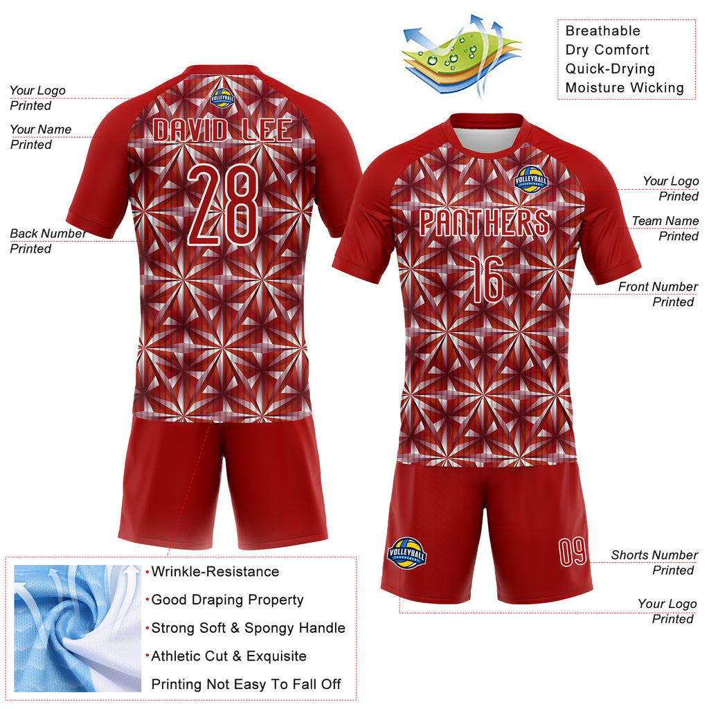 Custom Red White Geometric Shape Sublimation Volleyball Uniform Jersey