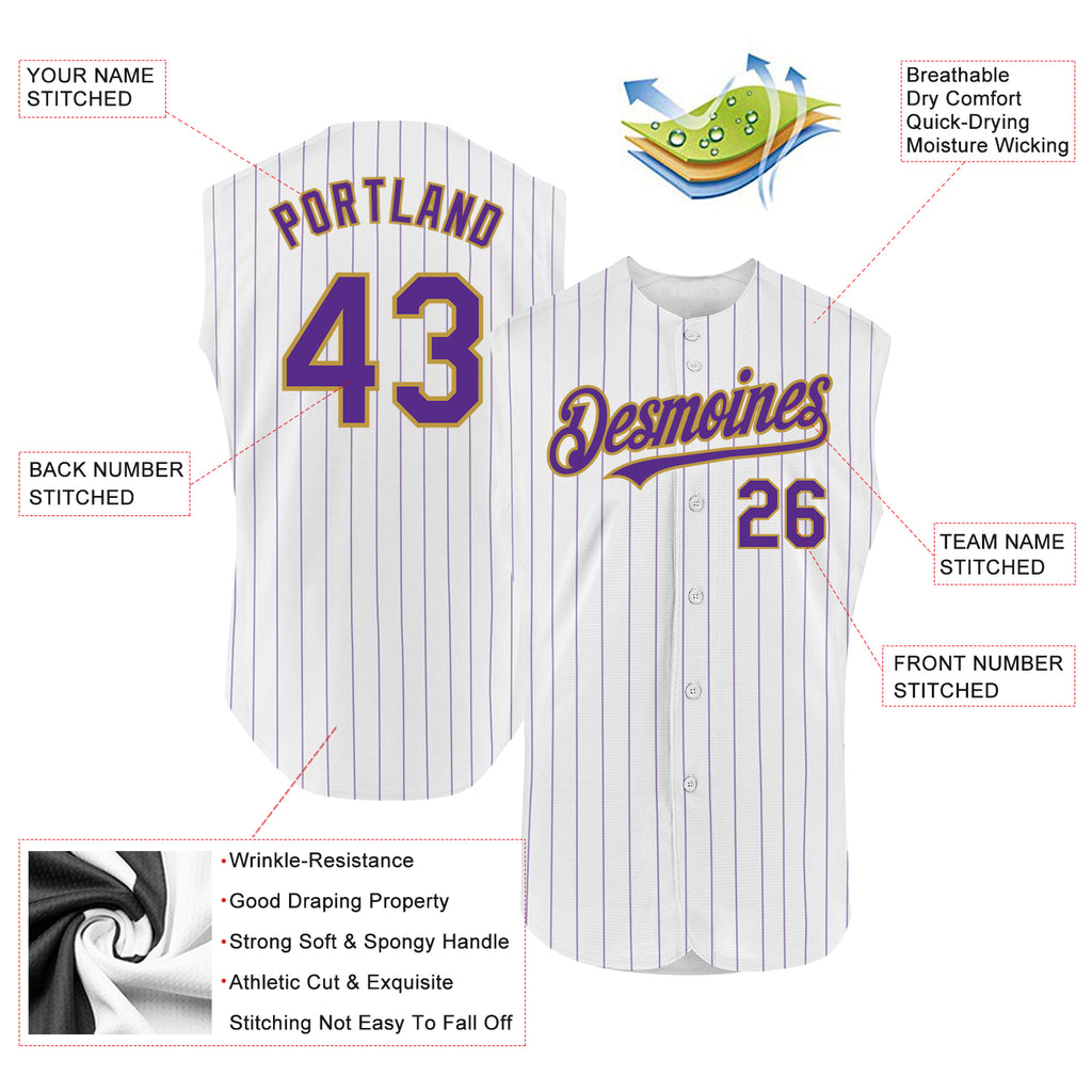 Custom White Purple Pinstripe Old Gold Authentic Sleeveless Baseball Jersey