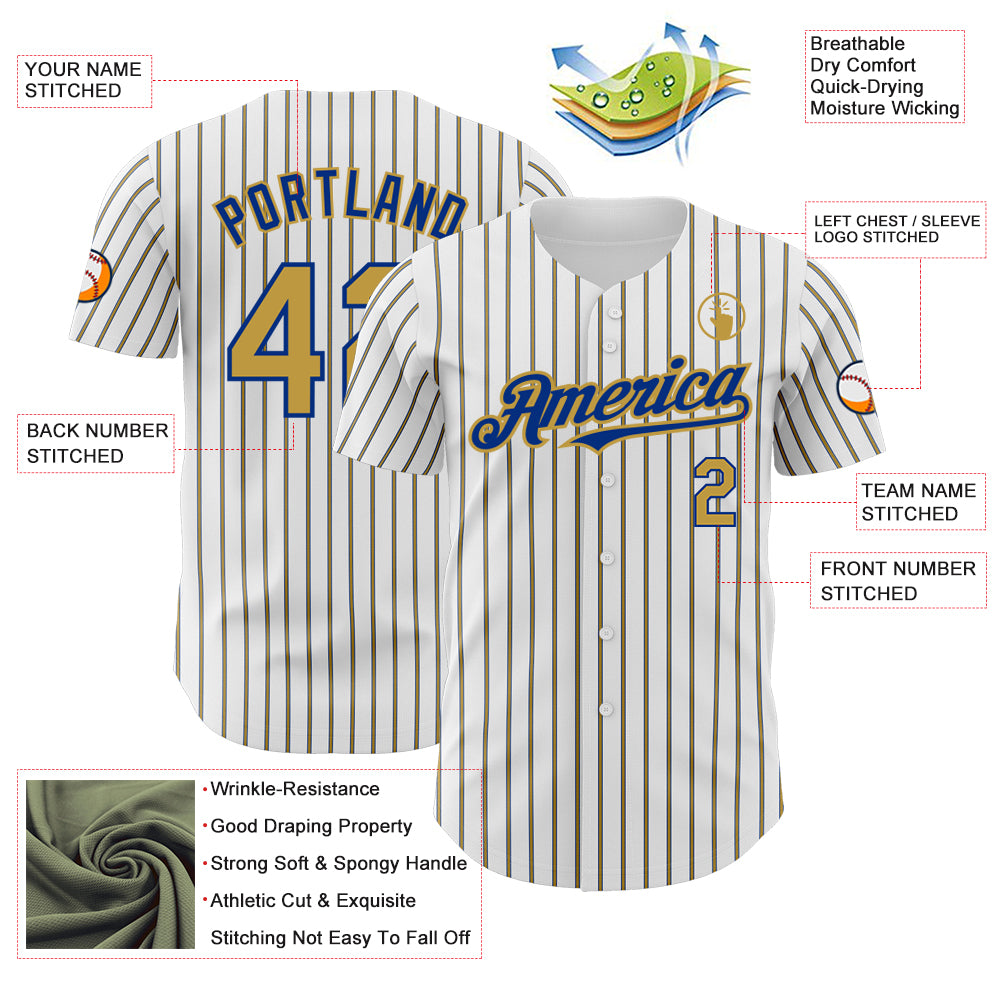 Custom White (Royal Old Gold Pinstripe) Old Gold-Royal Authentic Baseball Jersey