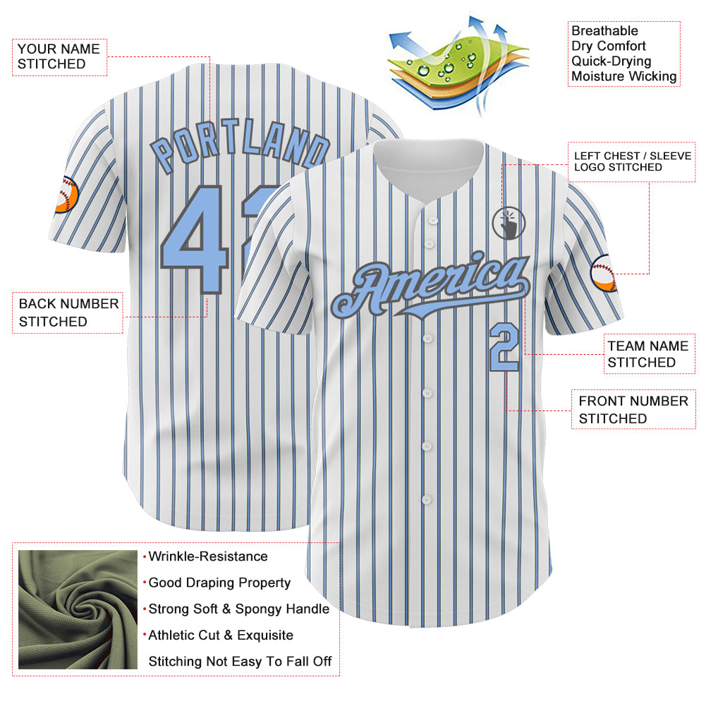 Custom White (Steel Gray Light Blue Pinstripe) Light Blue-Steel Gray Authentic Baseball Jersey