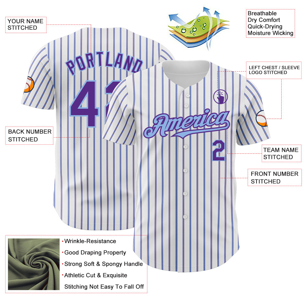 Custom White (Purple Light Blue Pinstripe) Purple-Light Blue Authentic Baseball Jersey