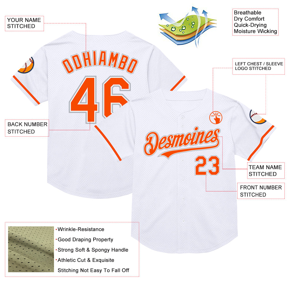 Custom White Orange-Gray Mesh Authentic Throwback Baseball Jersey