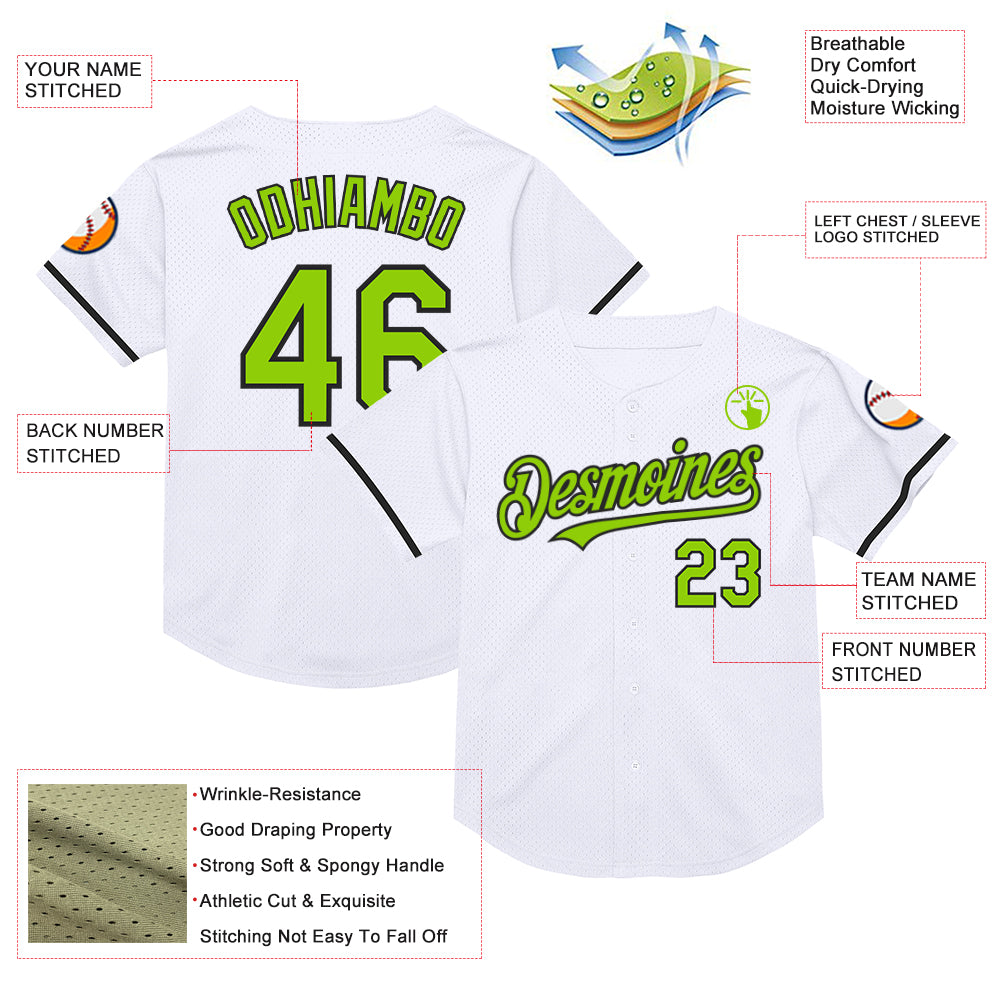 Custom White Neon Green-Black Mesh Authentic Throwback Baseball Jersey