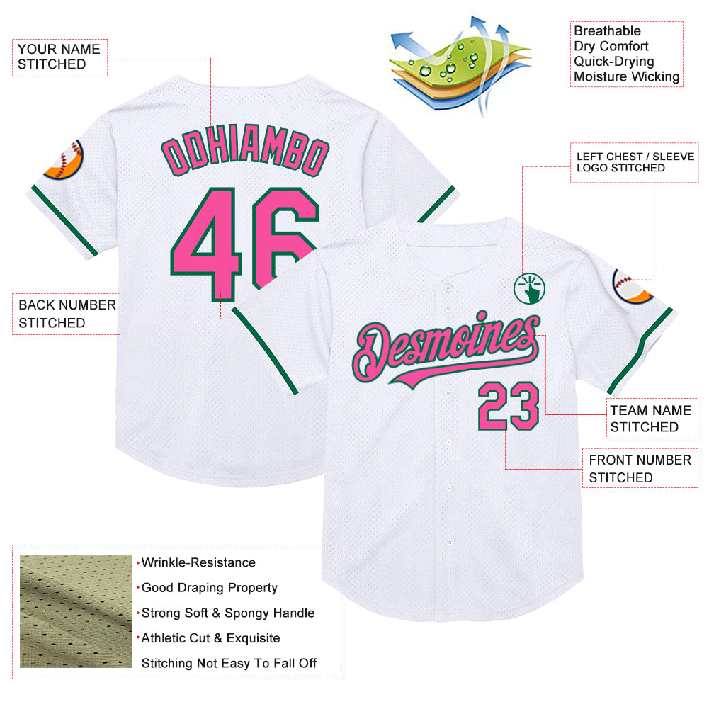 Custom White Pink-Kelly Green Mesh Authentic Throwback Baseball Jersey