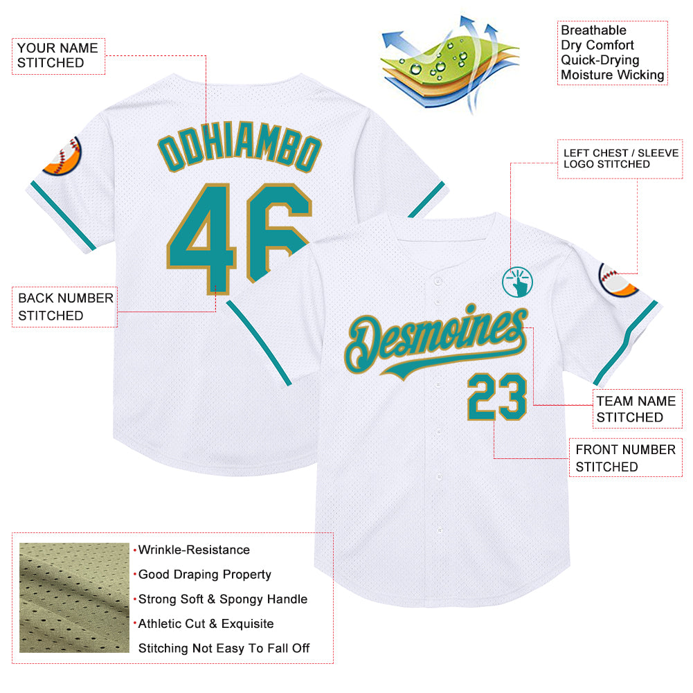 Custom White Teal-Old Gold Mesh Authentic Throwback Baseball Jersey