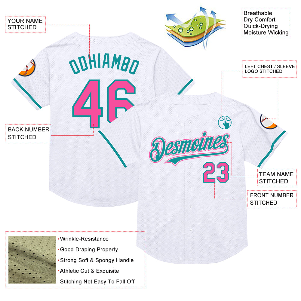 Custom White Pink-Teal Mesh Authentic Throwback Baseball Jersey