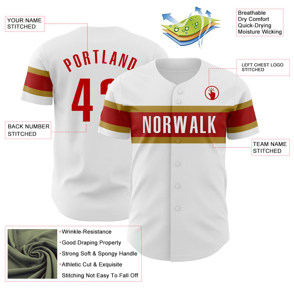 Custom White Red-Old Gold Authentic Baseball Jersey