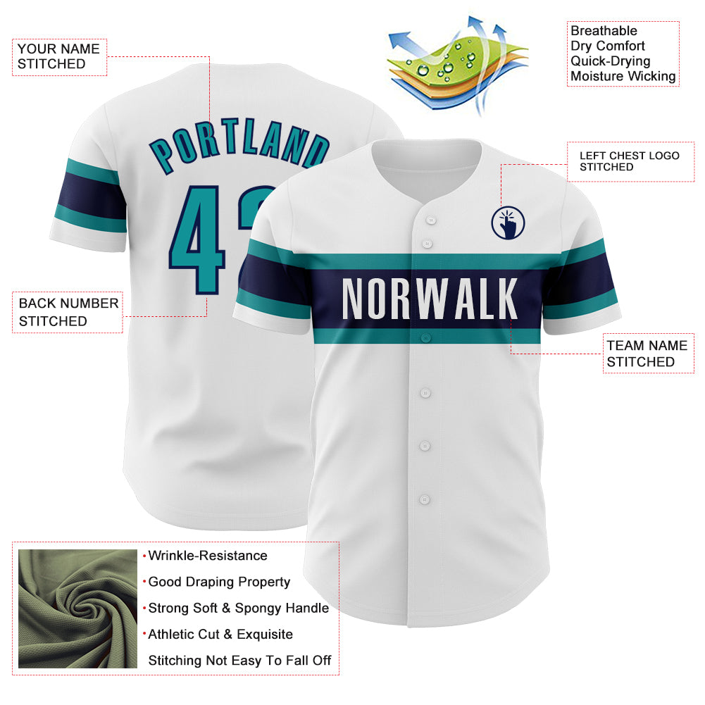 Custom White Teal-Navy Authentic Baseball Jersey