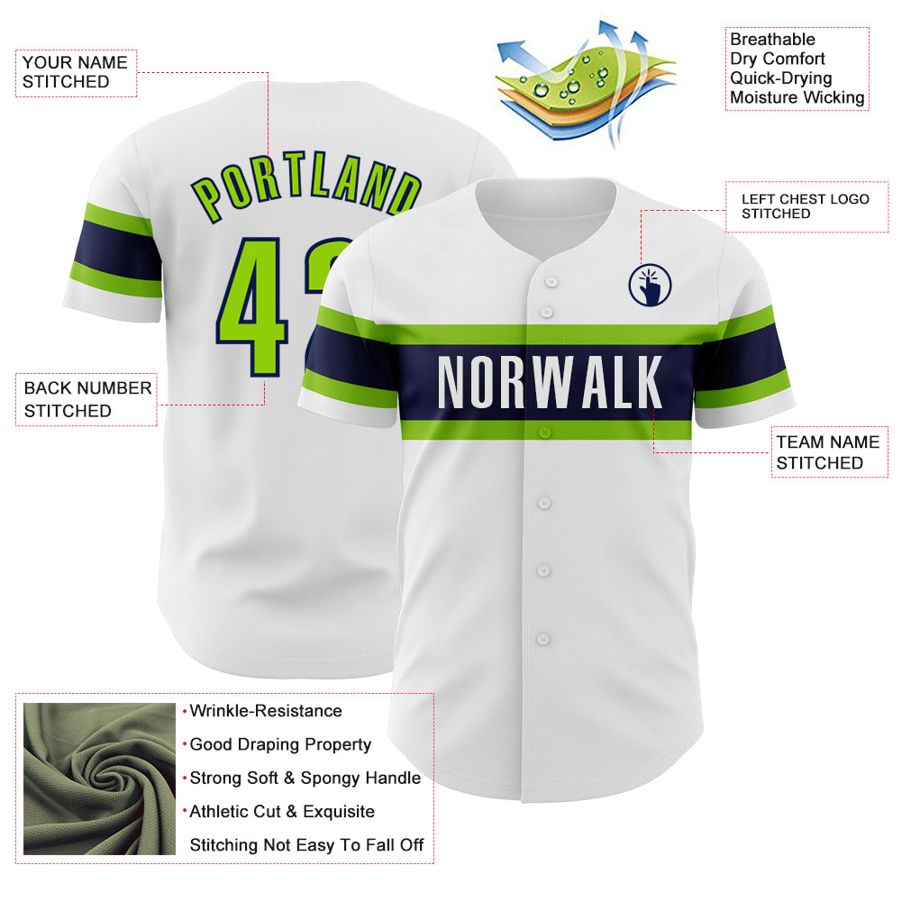 Custom White Neon Green-Navy Authentic Baseball Jersey