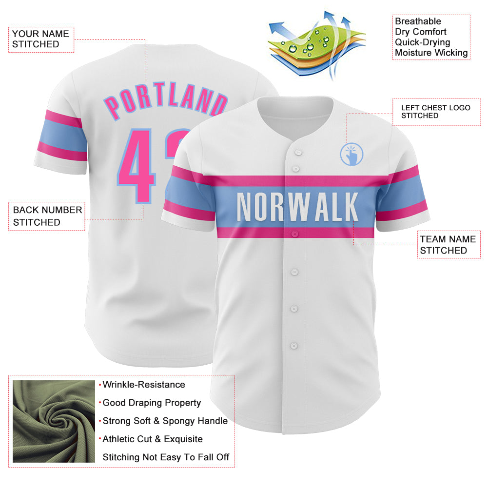 Custom White Pink-Light Blue Authentic Baseball Jersey