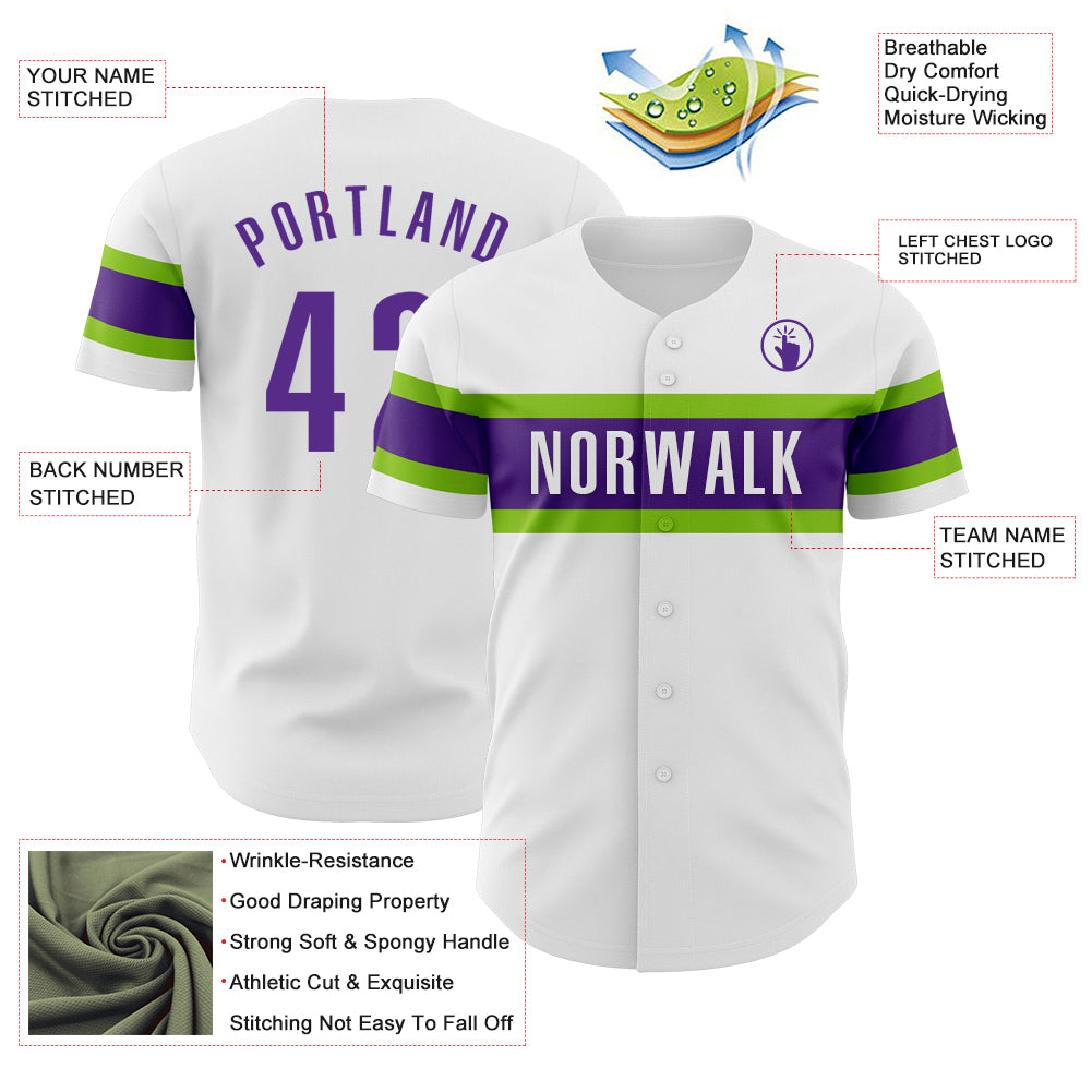 Custom White Purple-Neon Green Authentic Baseball Jersey