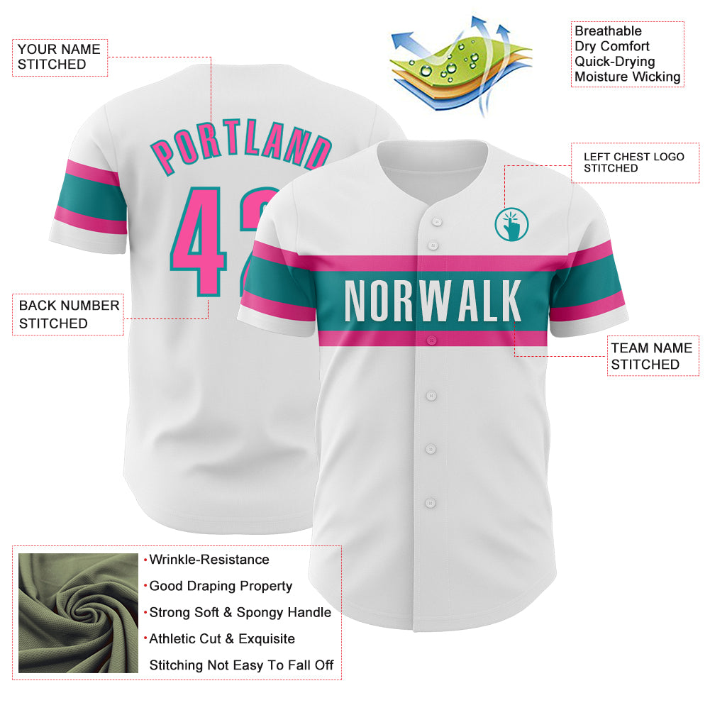 Custom White Pink-Teal Authentic Baseball Jersey