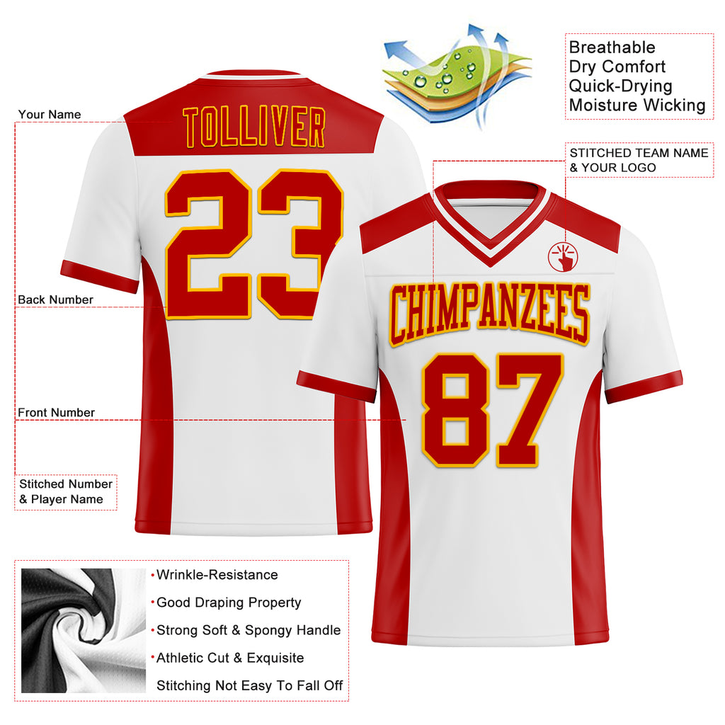 Custom White Red-Gold Mesh Authentic Football Jersey