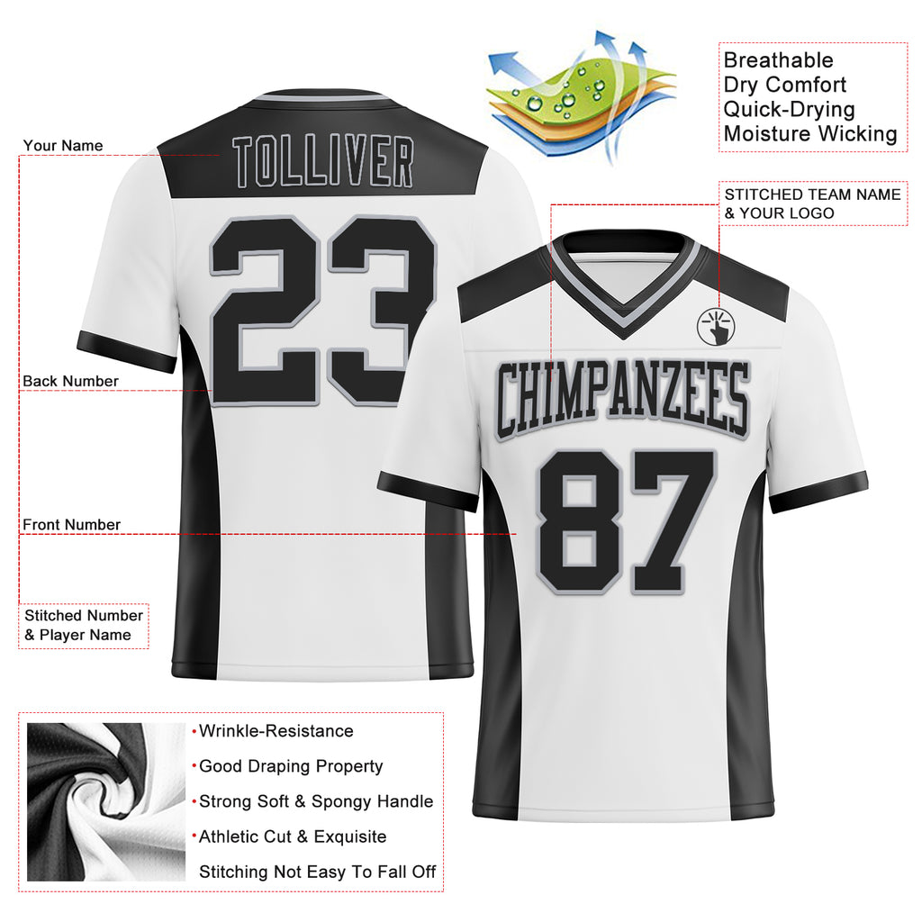 Custom White Black-Gray Mesh Authentic Football Jersey