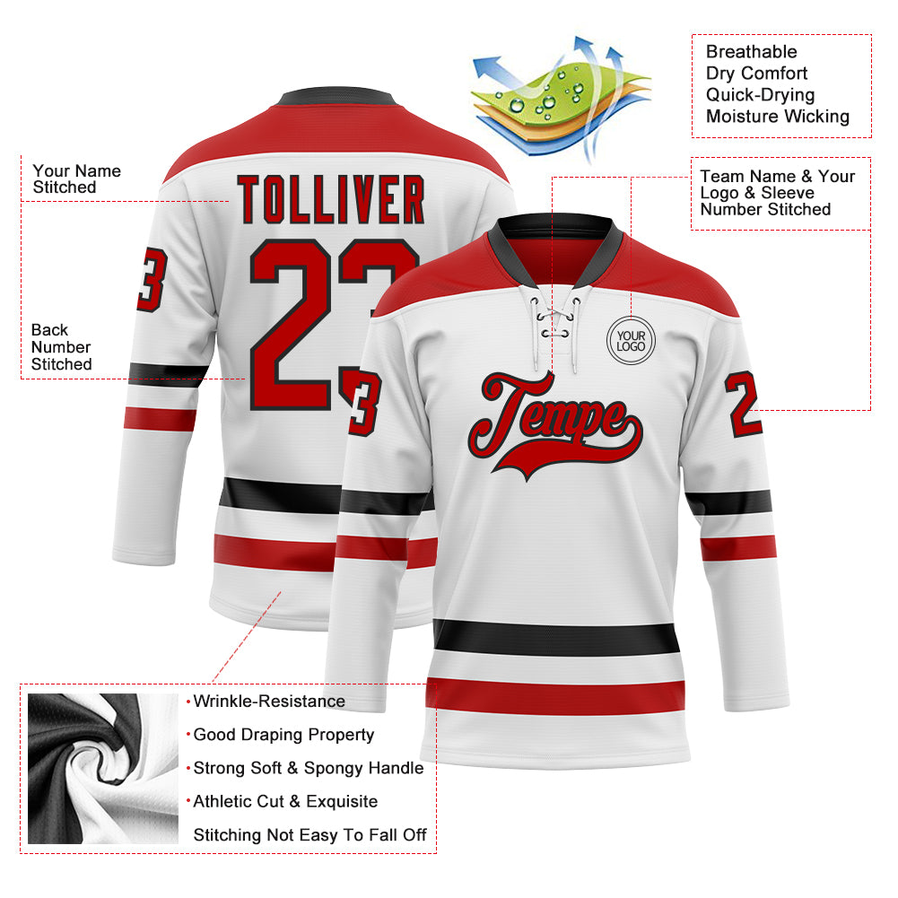 Custom White Red-Black Hockey Lace Neck Jersey