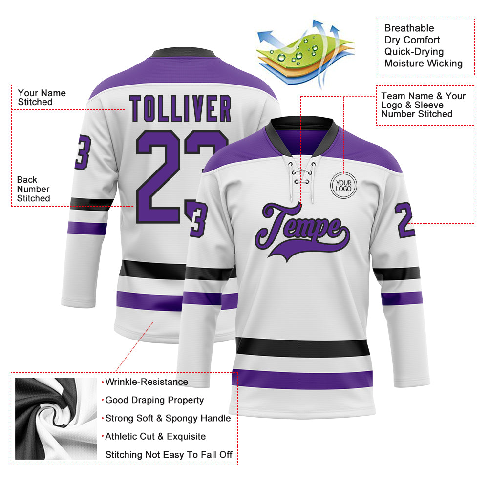 Custom White Purple-Black Hockey Lace Neck Jersey