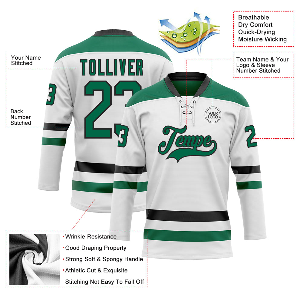 Custom White Kelly Green-Black Hockey Lace Neck Jersey