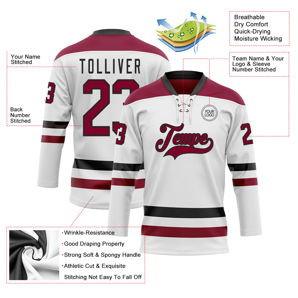 Custom White Maroon-Black Hockey Lace Neck Jersey