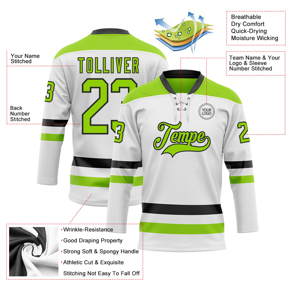 Custom White Neon Green-Black Hockey Lace Neck Jersey