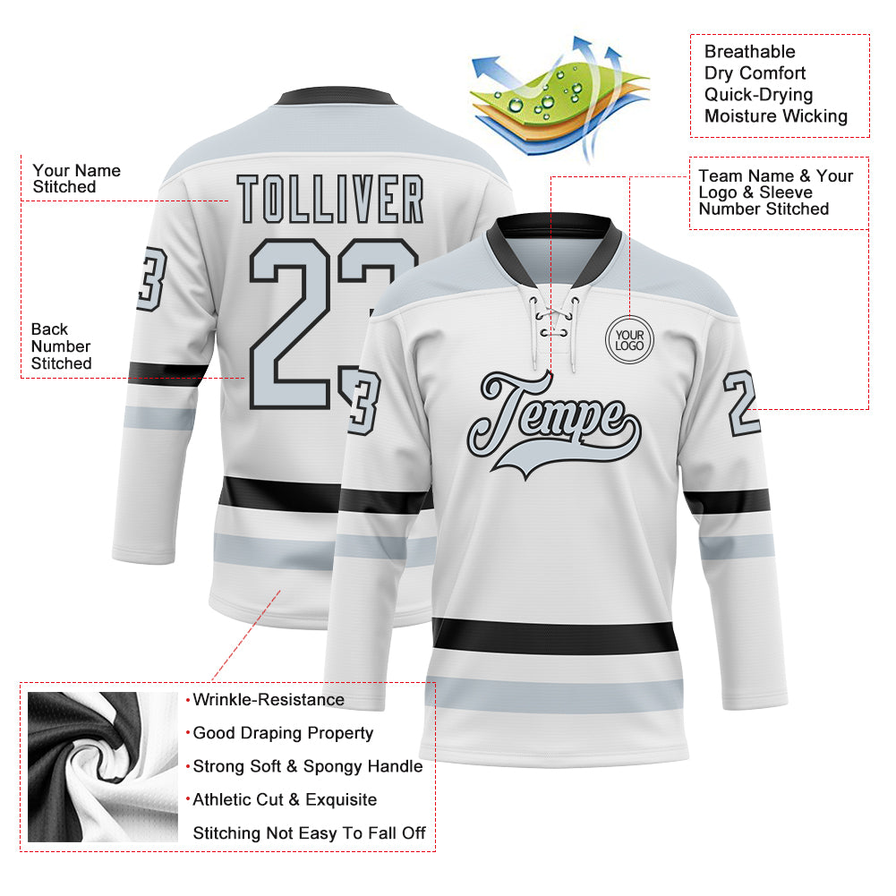 Custom White Silver-Black Hockey Lace Neck Jersey