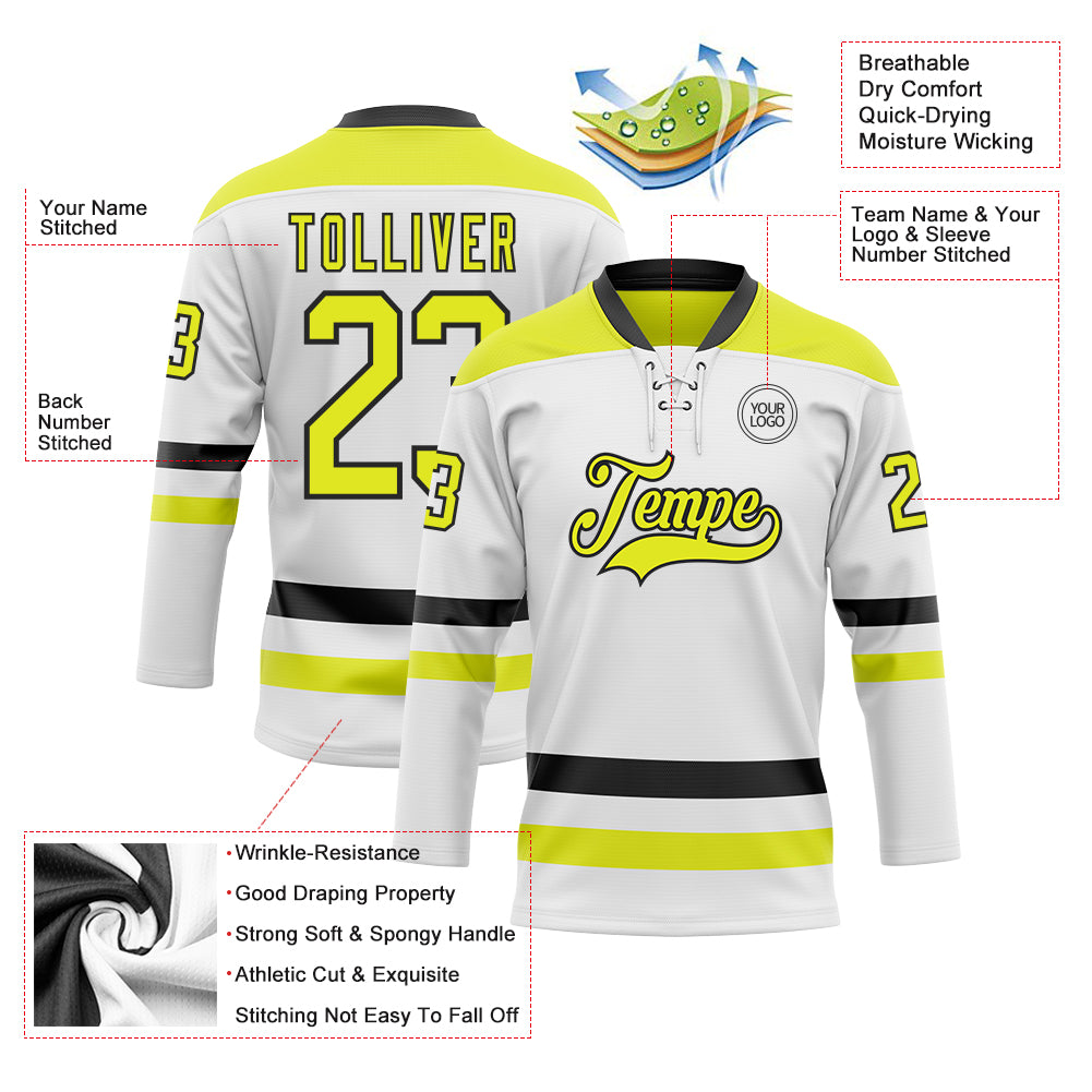 Custom White Neon Yellow-Black Hockey Lace Neck Jersey