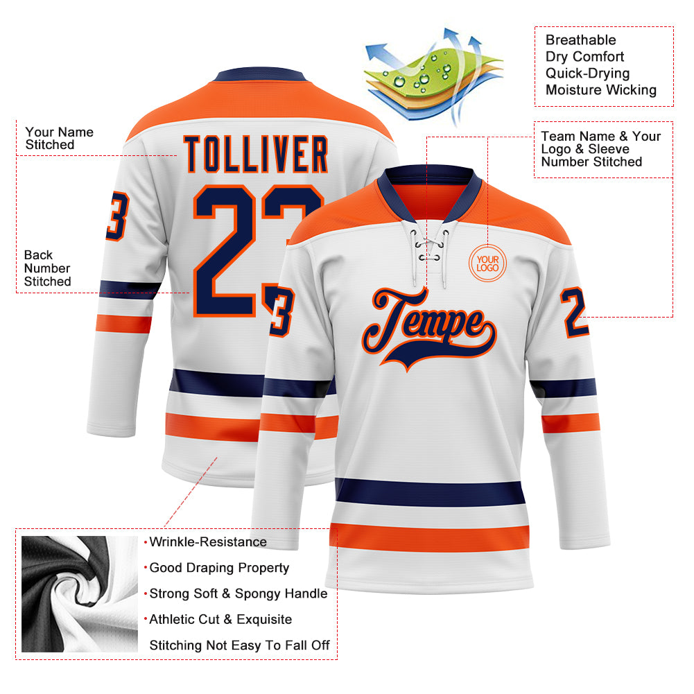 Custom White Navy-Orange Hockey Lace Neck Jersey