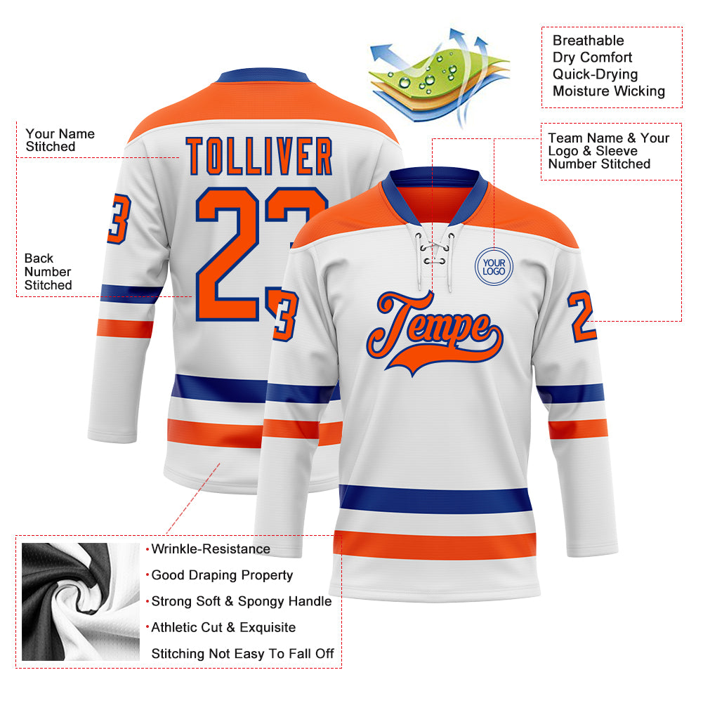 Custom White Orange-Royal Hockey Lace Neck Jersey