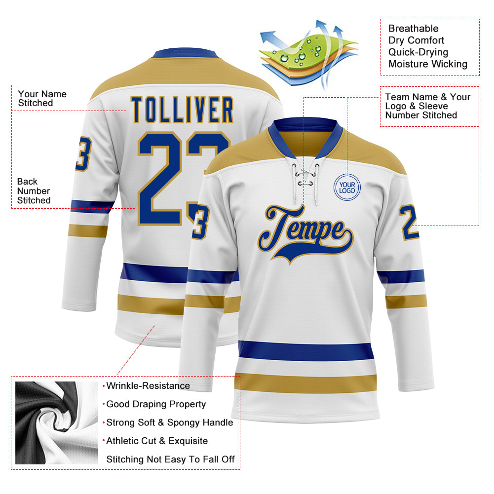 Custom White Royal-Old Gold Hockey Lace Neck Jersey