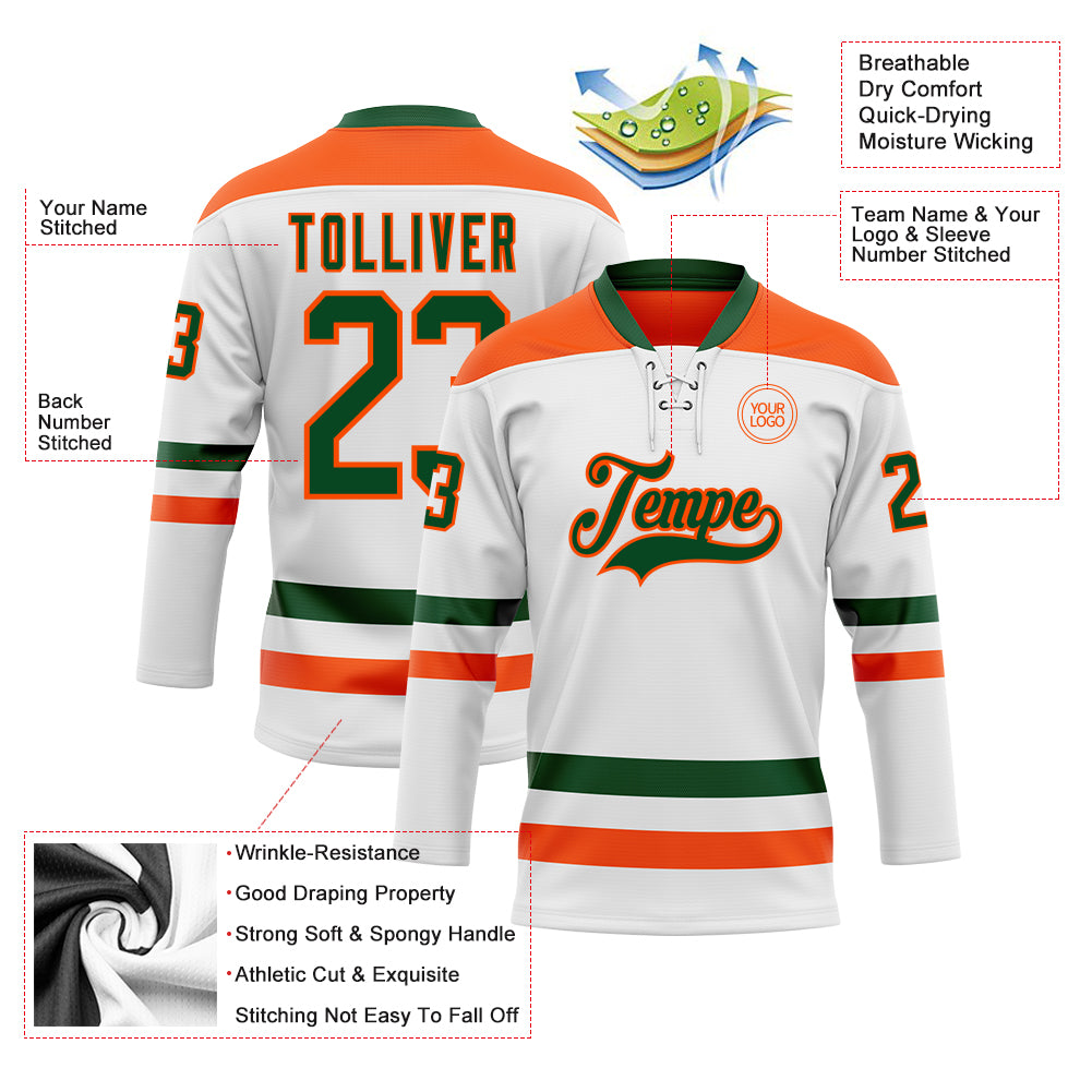 Custom White Green-Orange Hockey Lace Neck Jersey