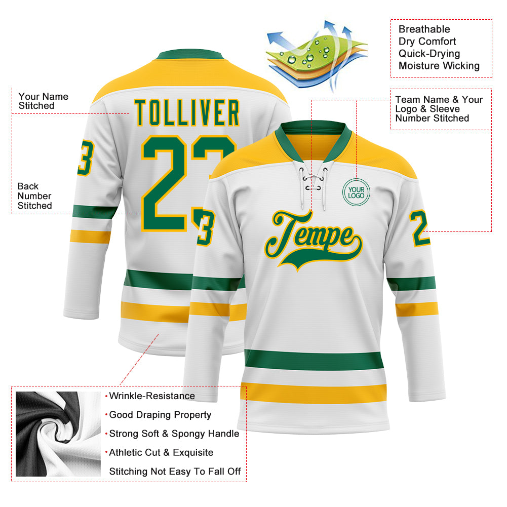 Custom White Kelly Green-Gold Hockey Lace Neck Jersey