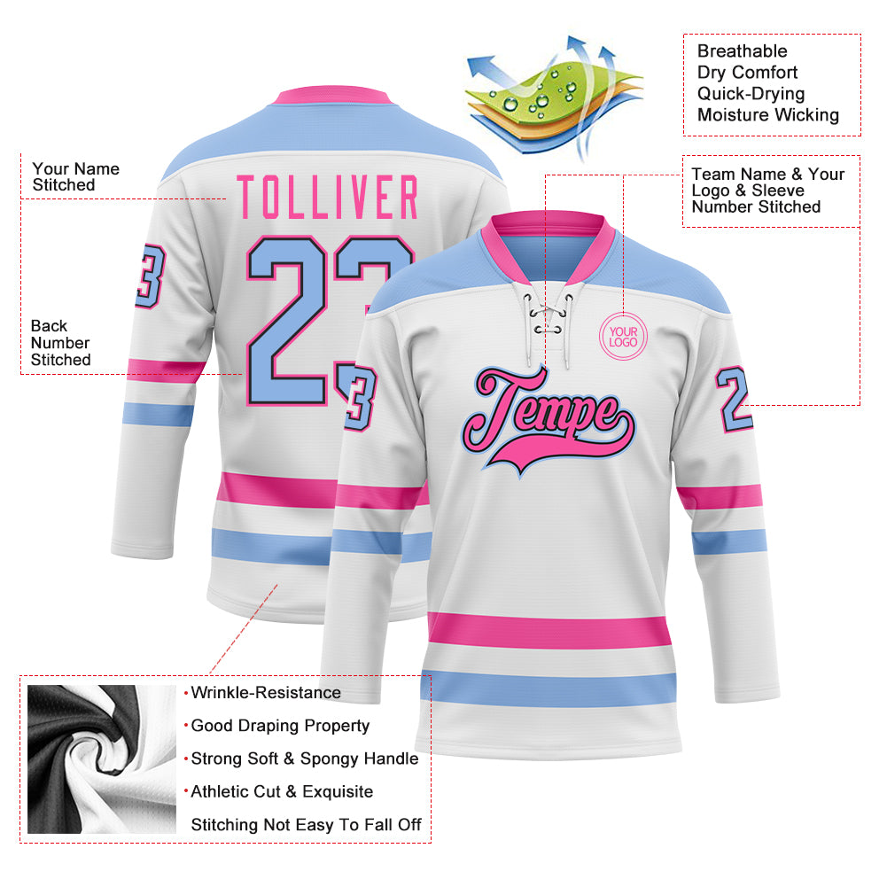 Custom White Light Blue Black-Pink Hockey Lace Neck Jersey