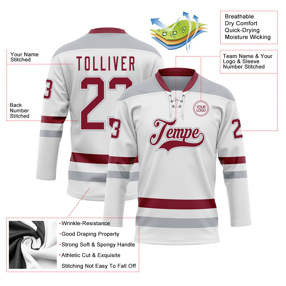 Custom White Crimson-Gray Hockey Lace Neck Jersey