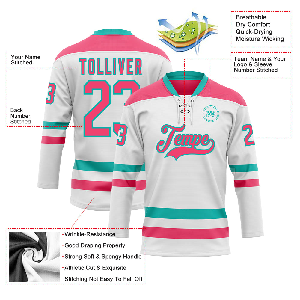 Custom White Neon Pink-Aqua Hockey Lace Neck Jersey