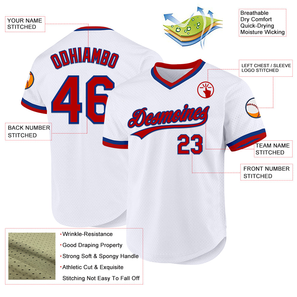 Custom White Red-Royal Authentic Throwback Baseball Jersey