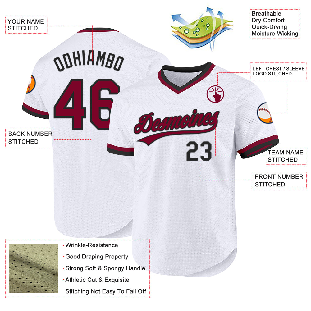 Custom White Maroon-Black Authentic Throwback Baseball Jersey