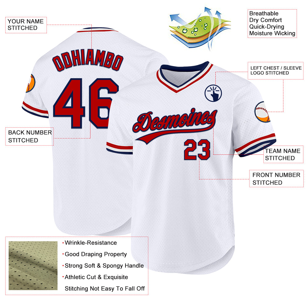 Custom White Red-Navy Authentic Throwback Baseball Jersey