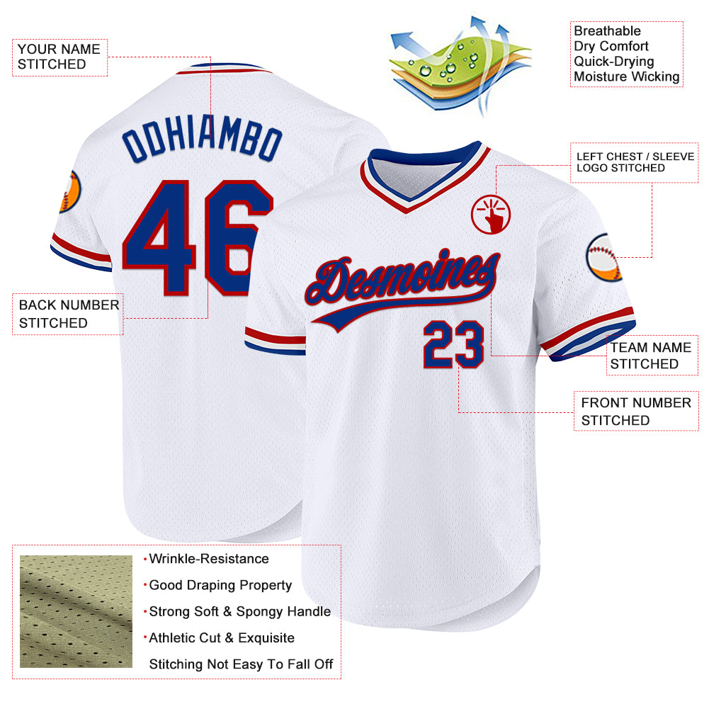 Custom White Royal-Red Authentic Throwback Baseball Jersey