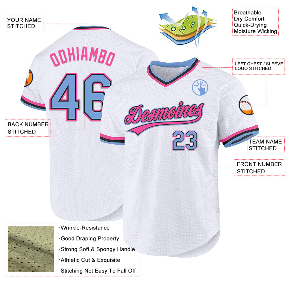 Custom White Light Blue Black-Pink Authentic Throwback Baseball Jersey