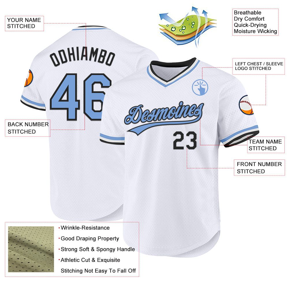 Custom White Light Blue-Black Authentic Throwback Baseball Jersey