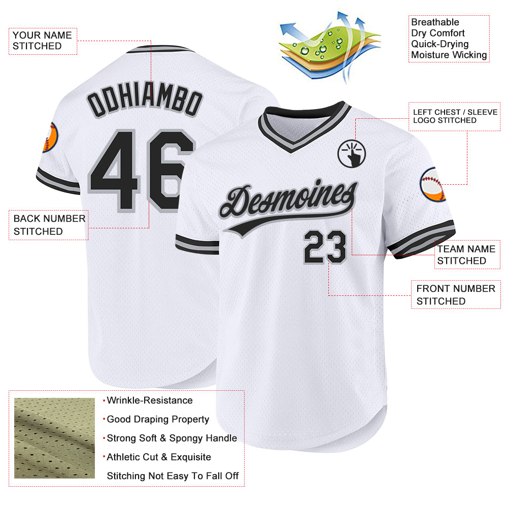 Custom White Black-Gray Authentic Throwback Baseball Jersey