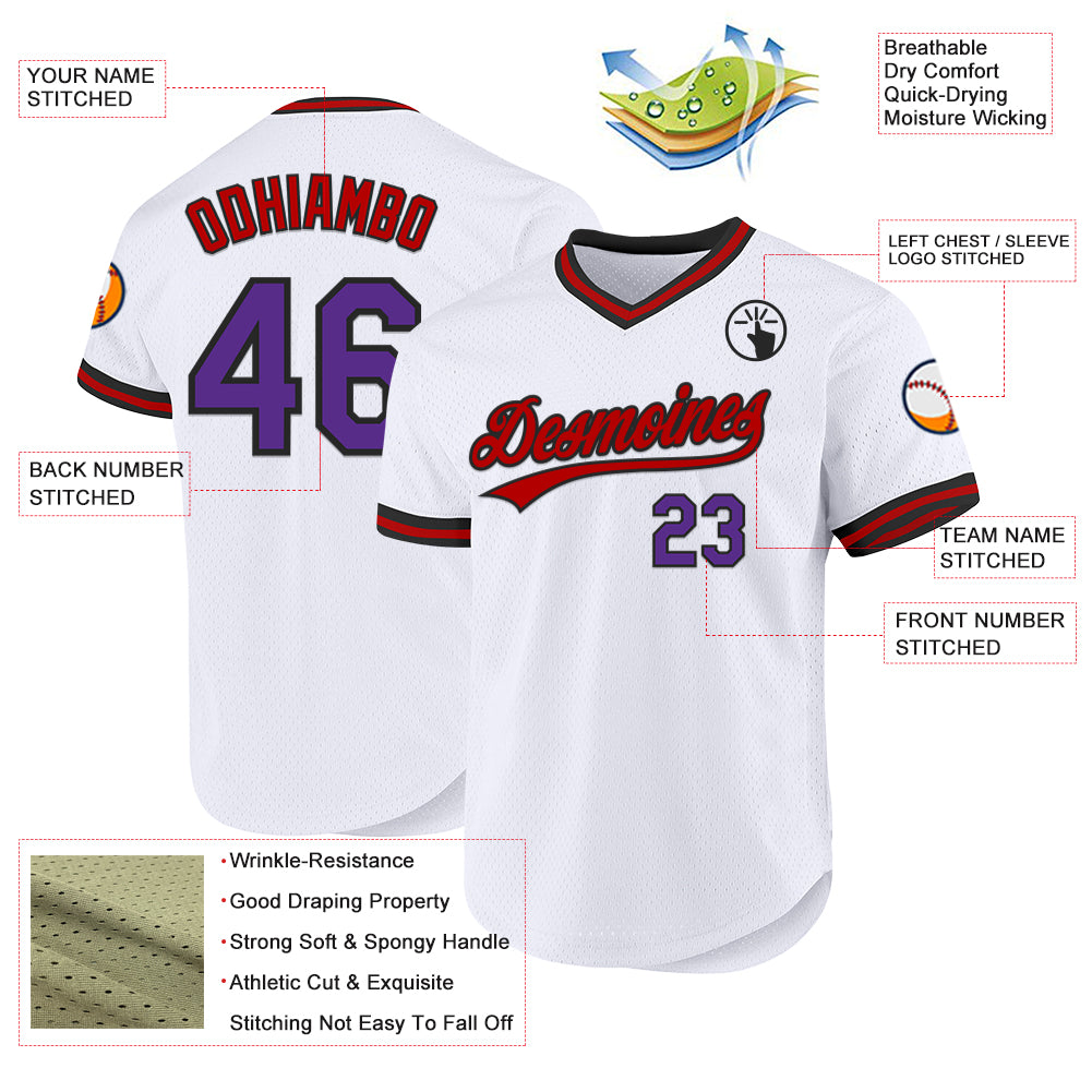 Custom White Purple Black-Red Authentic Throwback Baseball Jersey