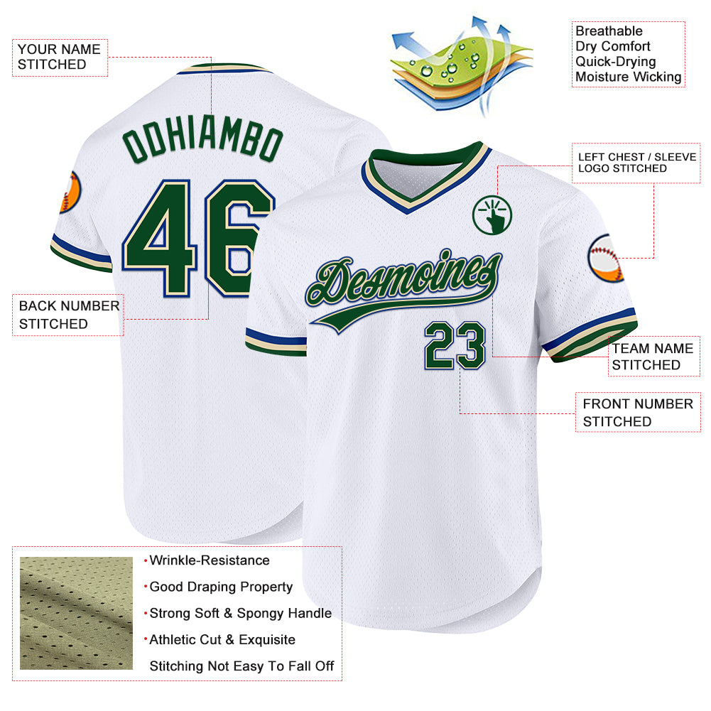 Custom White Green Cream-Royal Authentic Throwback Baseball Jersey