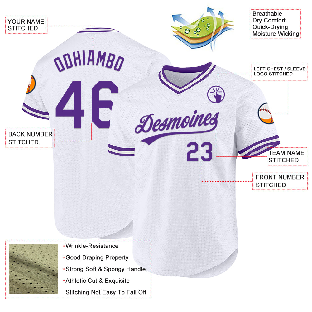 Custom White Purple Authentic Throwback Baseball Jersey