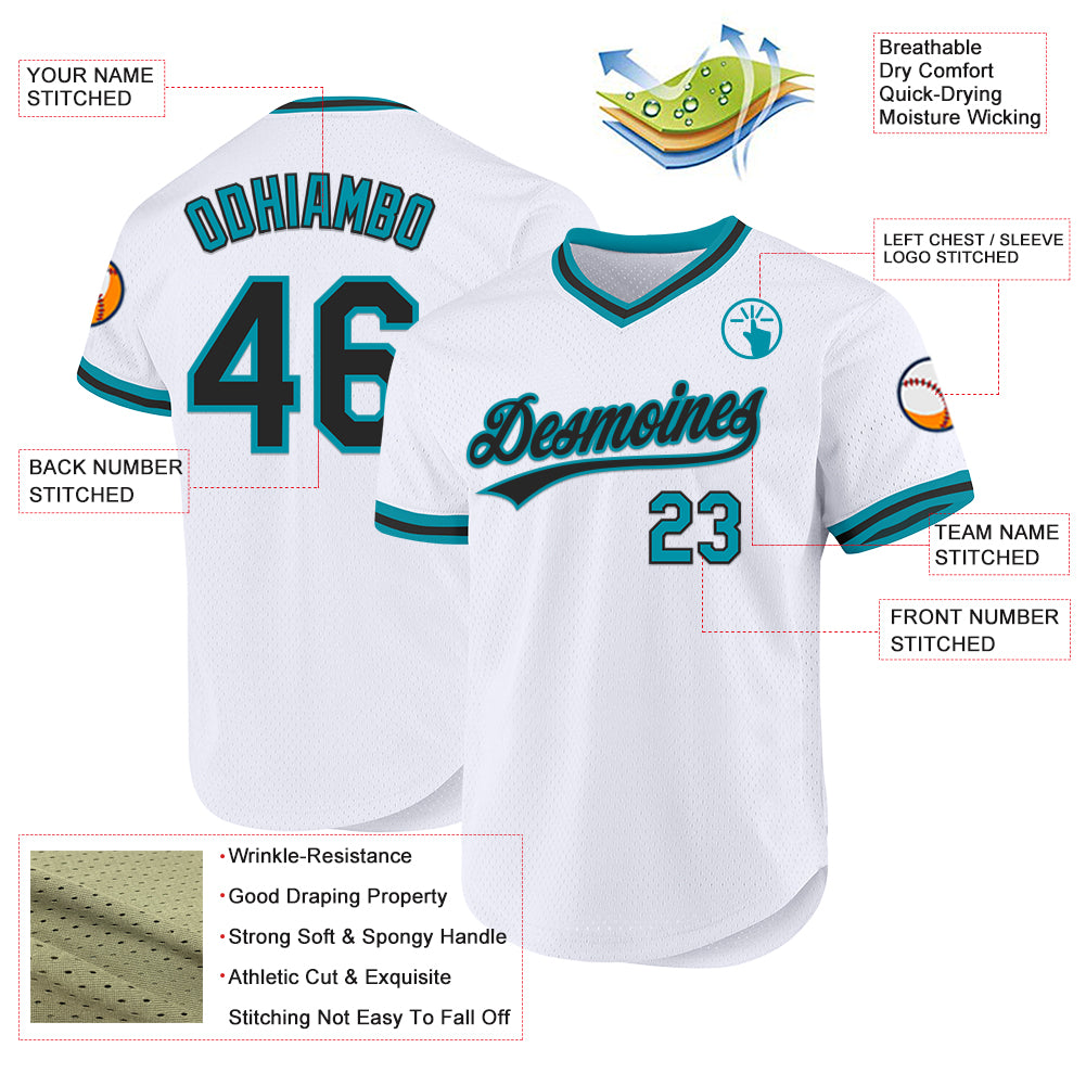 Custom White Black-Teal Authentic Throwback Baseball Jersey